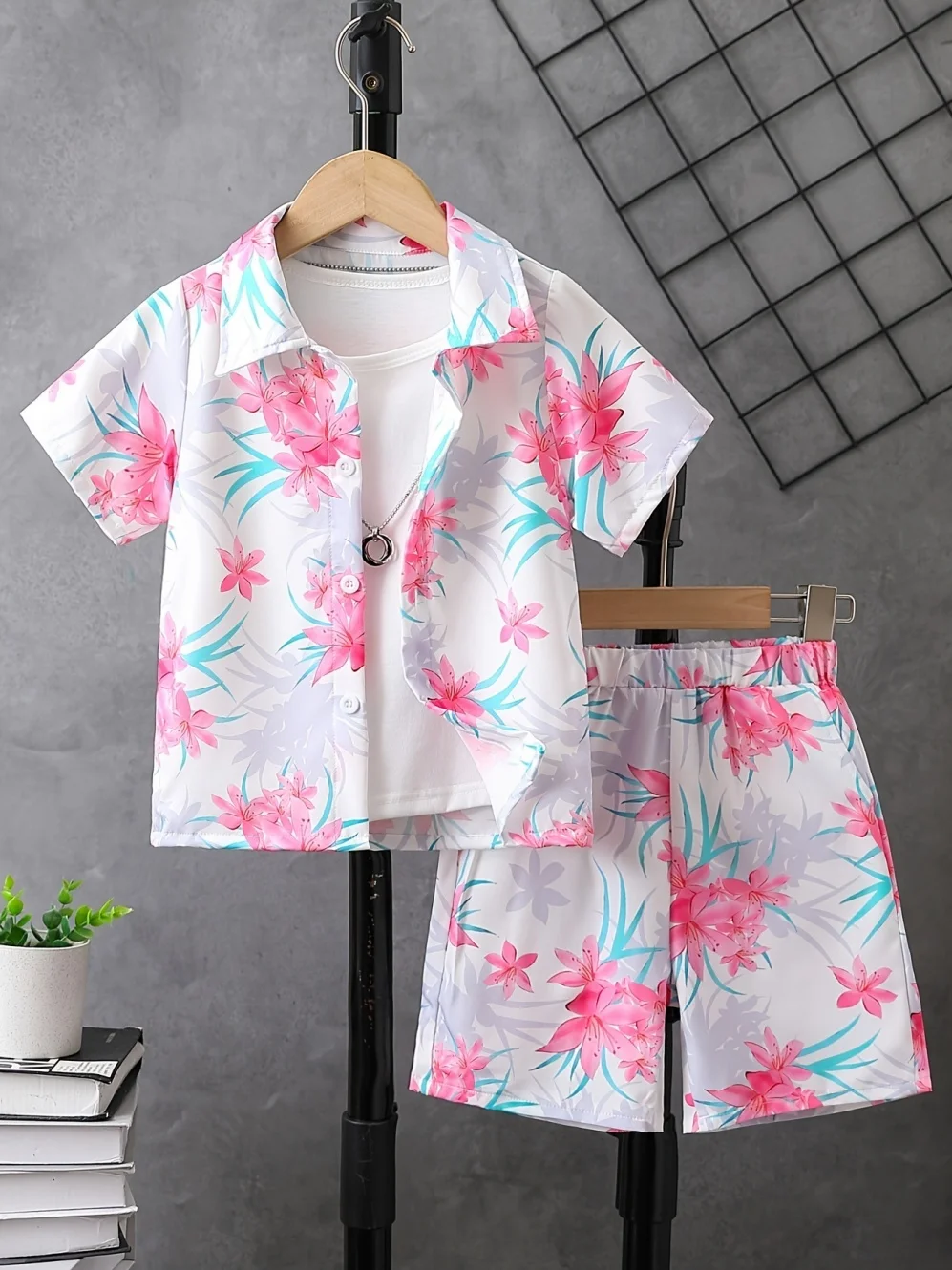 Jungen Sommer Kokosnussbaum-Muster Kurzarm-Hemd Set 2-teilig Hawaiianischer Strandurlaub-Stil Lässige Kinderkleidung für Jungen – Detail 4
