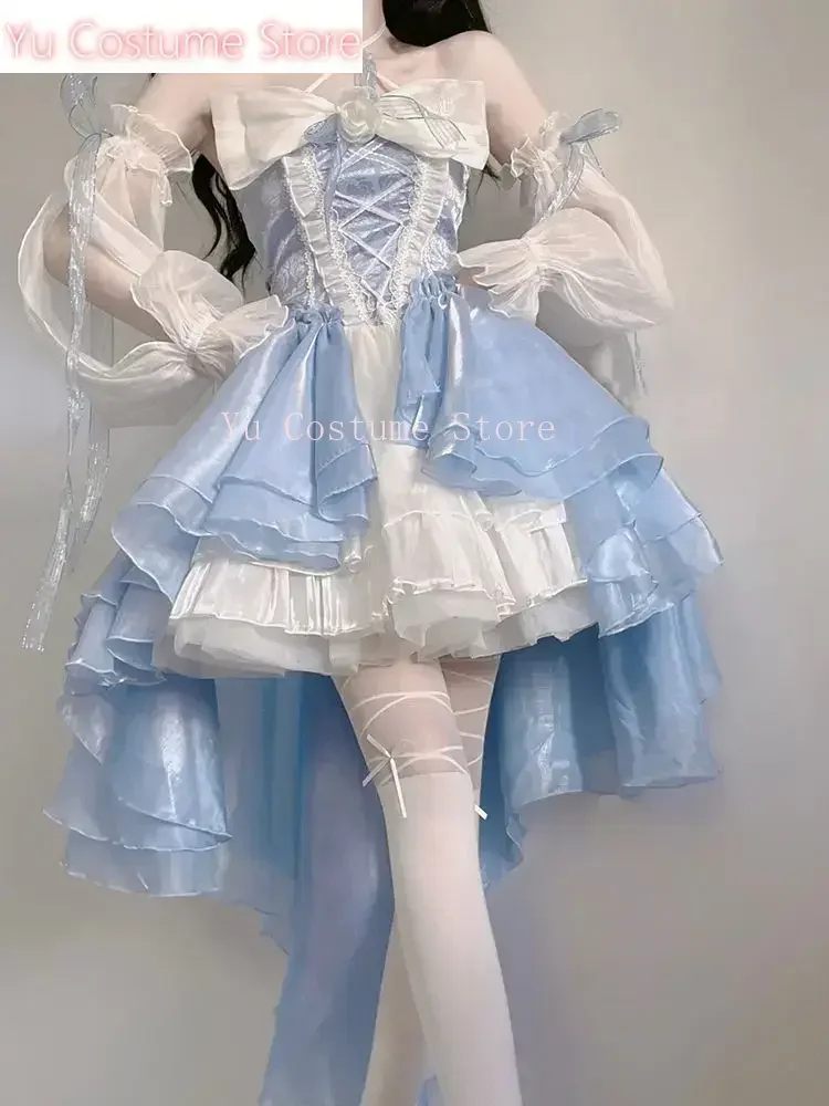 

Yu Costume French RomanticStyle Lolita Elegant Girl Cosplay Princess Puff Sleeve Ribbon Bowknot Flower Mesh Fantastic FairyDress