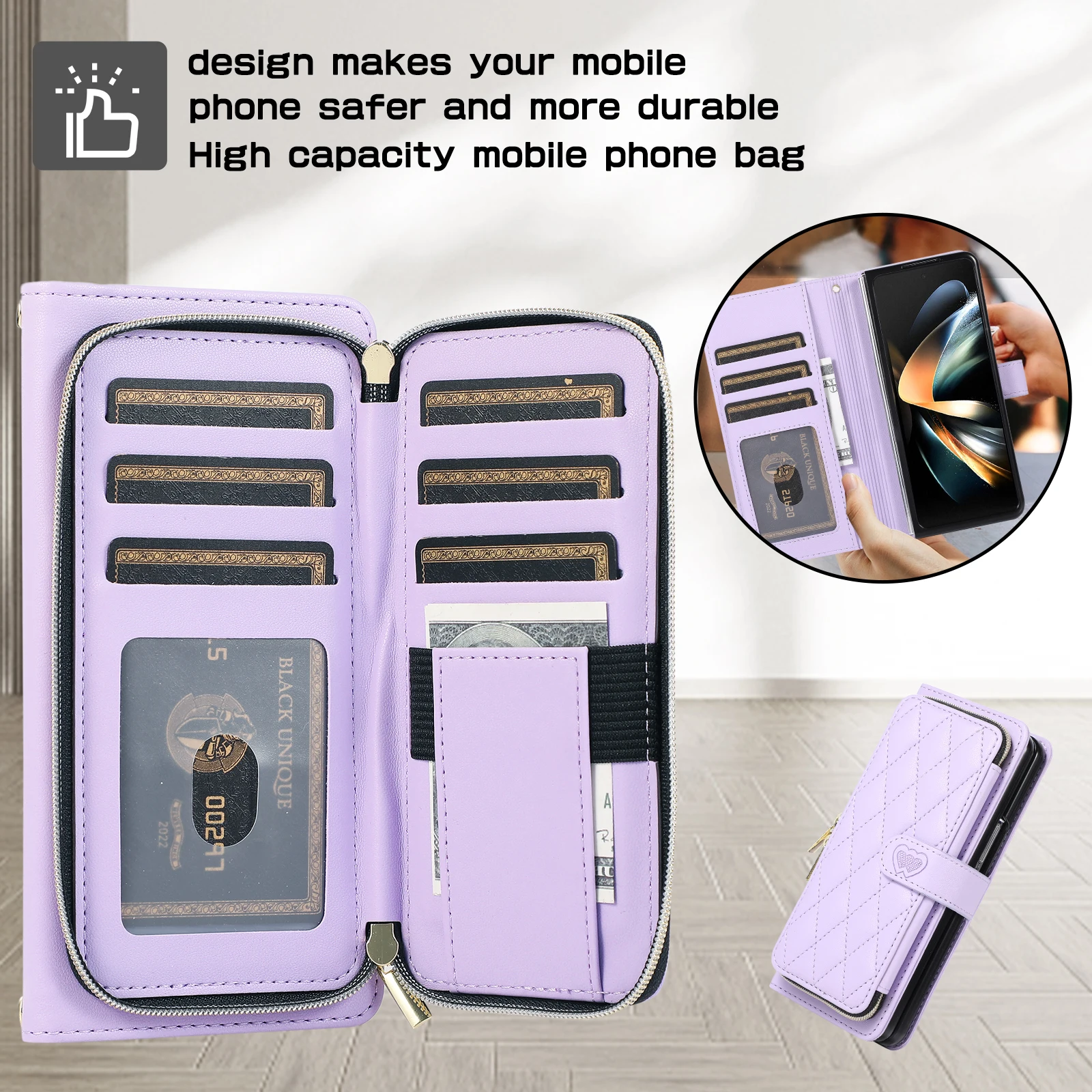 

Для Samsung Galaxy ZFold 7 6 5 4 3 Fold5 Fold4 Fold6 5G кожаный чехол для телефона с ремешком через плечо и чехлом-держателем для карт