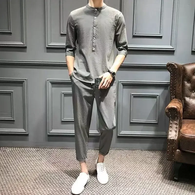 

Plain Sports Man Trousers Sets Suits Polyester Two Piece Set Korean Style 2025 Cool Summer Clothes Stylish Kpop Shirts Pants Men