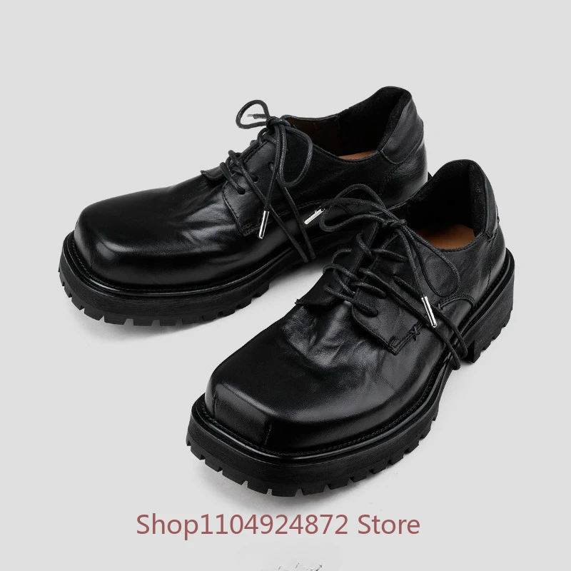 Luxury Designer Shoes Men's Washed Cowhide Square Toe Derby Youth Black Commuting Casual Genuine Leather Dress Shoes Male