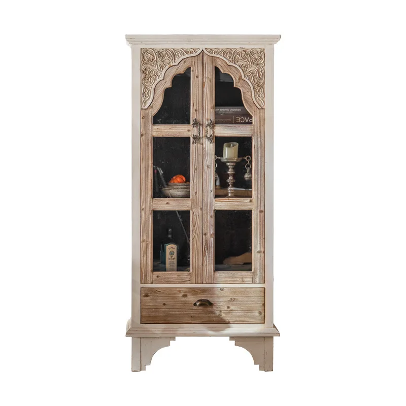 

Large capacity double door glass carved storage side cabinet