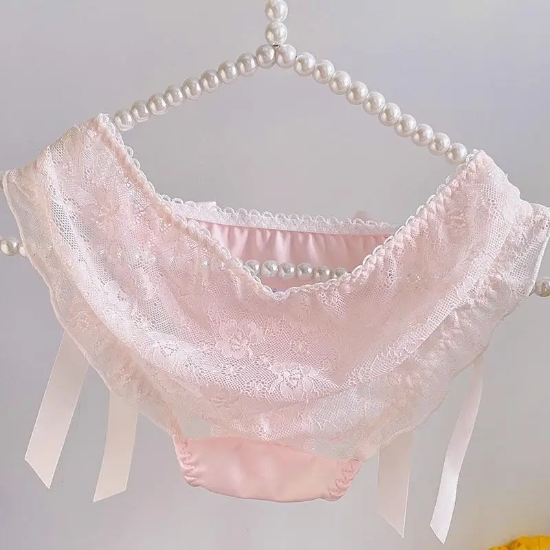 Japanese Sexy Triangle Panties Ladies Lace Big Bow Pink Temptation Transparent Cute Girls Low Rise Briefs Comfort Soft Underpant