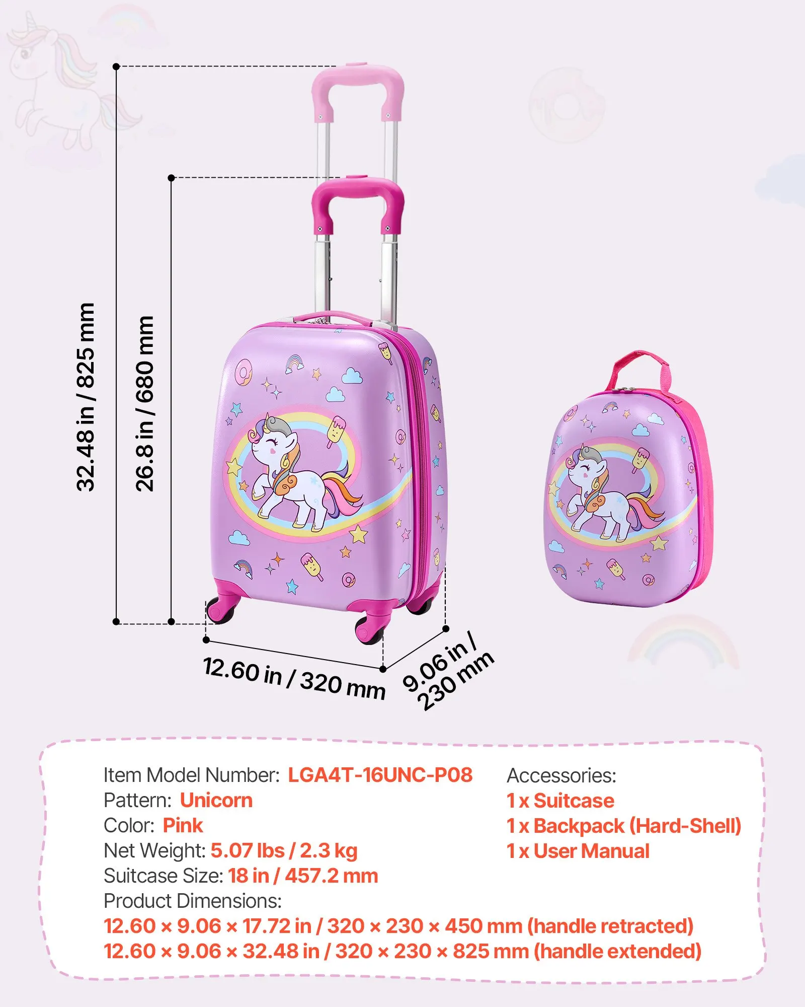 Kids Luggage Set, 2 Piece, 18 Inch Hardside Rolling Wheels Suitcase With Hard-Shell Backpack, Kids Carry On Luggage Set, Holiday Birthday Gift For Girls & Boys, Airline Approved