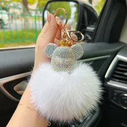 Creative diamond-encrusted bear keychain, fur, fox fur, car key chain, bag pendant, fashion small gift