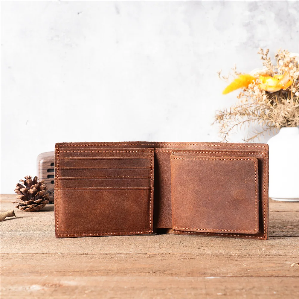 Handmade Genuine Leather Men Short Wallets With Coin Purses Vintage Crazy Horse Leather Coin Pocket Man Slim Cowhide Card Holder