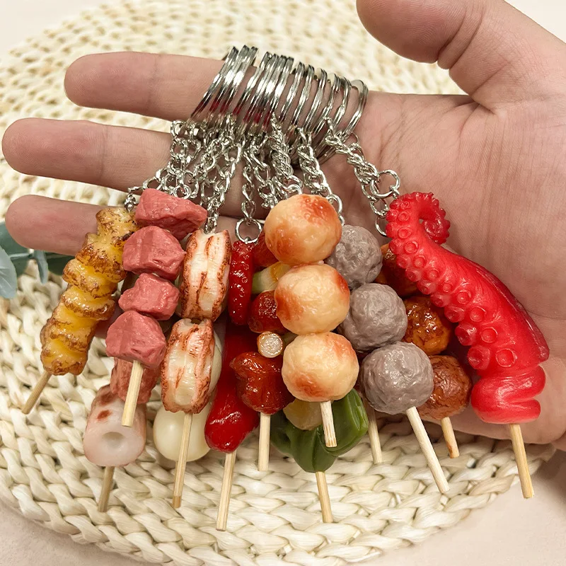 PVC Simulation Food BBQ Skewers Keychain for Women Squid Corn Meatball Keyring Car Key Chains Fashion Jewelry Accessories Gifts