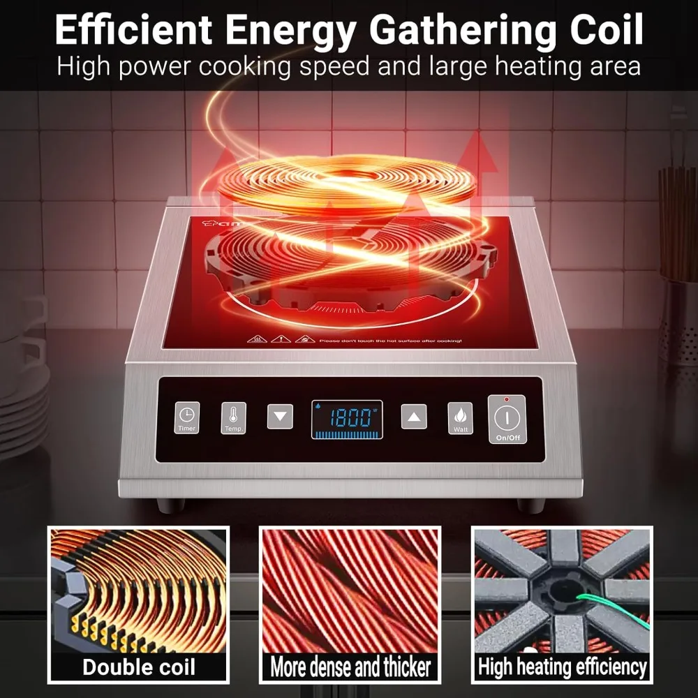 Fogão elétrico de indução comercial, queimador de bancada, 3 horas temporizador, 8 níveis de potência temperatura, 1800W