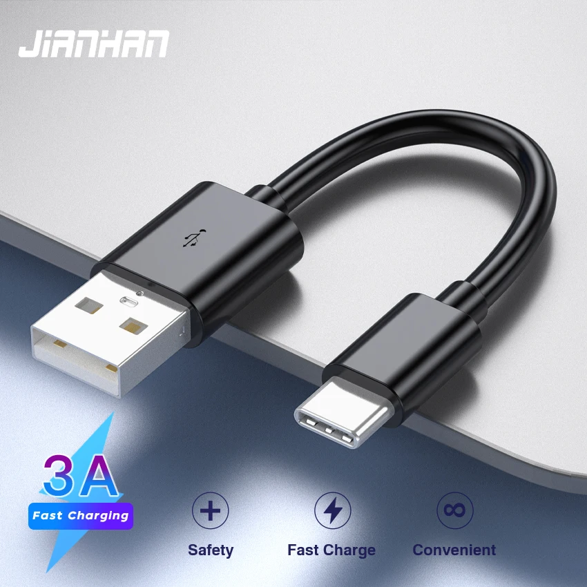 JianHan Short USB C Cable 12cm Portable 3A Fast Charging Type C Cable For Samsung Xiaomi Huawei Phone Charger Power Bank Cord