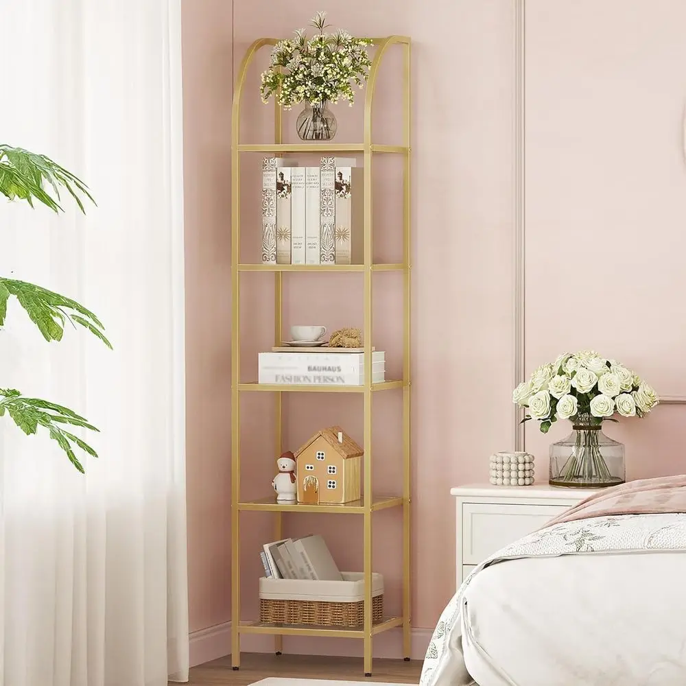 

Gold Steel 5-Tier Tempered Glass Bookshelf - Sleek Storage for Home Office, Bedroom, and Bath