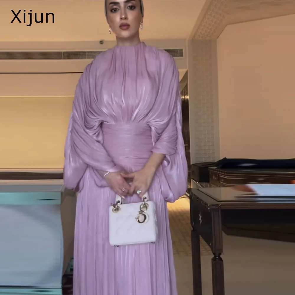 Xijun Luxury Pink Evening Dresses Pleated A-Line O-Neck Dubai Prom Dresses Modest Long Sleeves Maxi Prom Gowns 2026 Customized