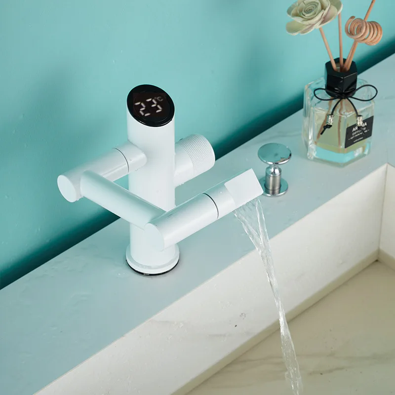 White Intelligent Digital Display Basin Faucet Brass 360° Folding Rotation Hot and Cold Water Mixer Sink Tap Multifunctional