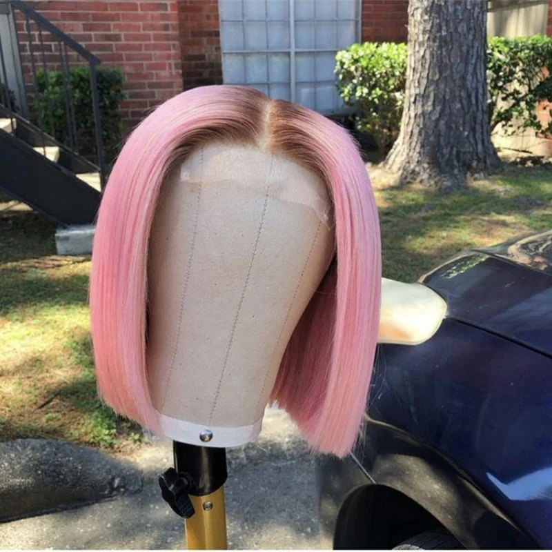 

Short Bob Pink Silky Straight Glueless 16" 180 Density Baby Hair Lace Front Wig For Women With Preplucked Fashion Cosplay Daily