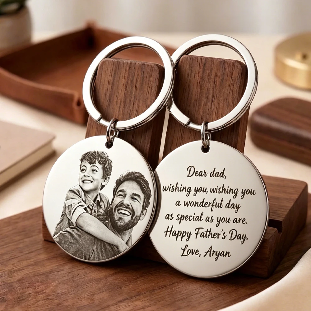 Personalized Custom Round Keychain Stainless Steel 2-sided Photo Text Custom Keychain Portrait Engraved Keychain Family Gifts