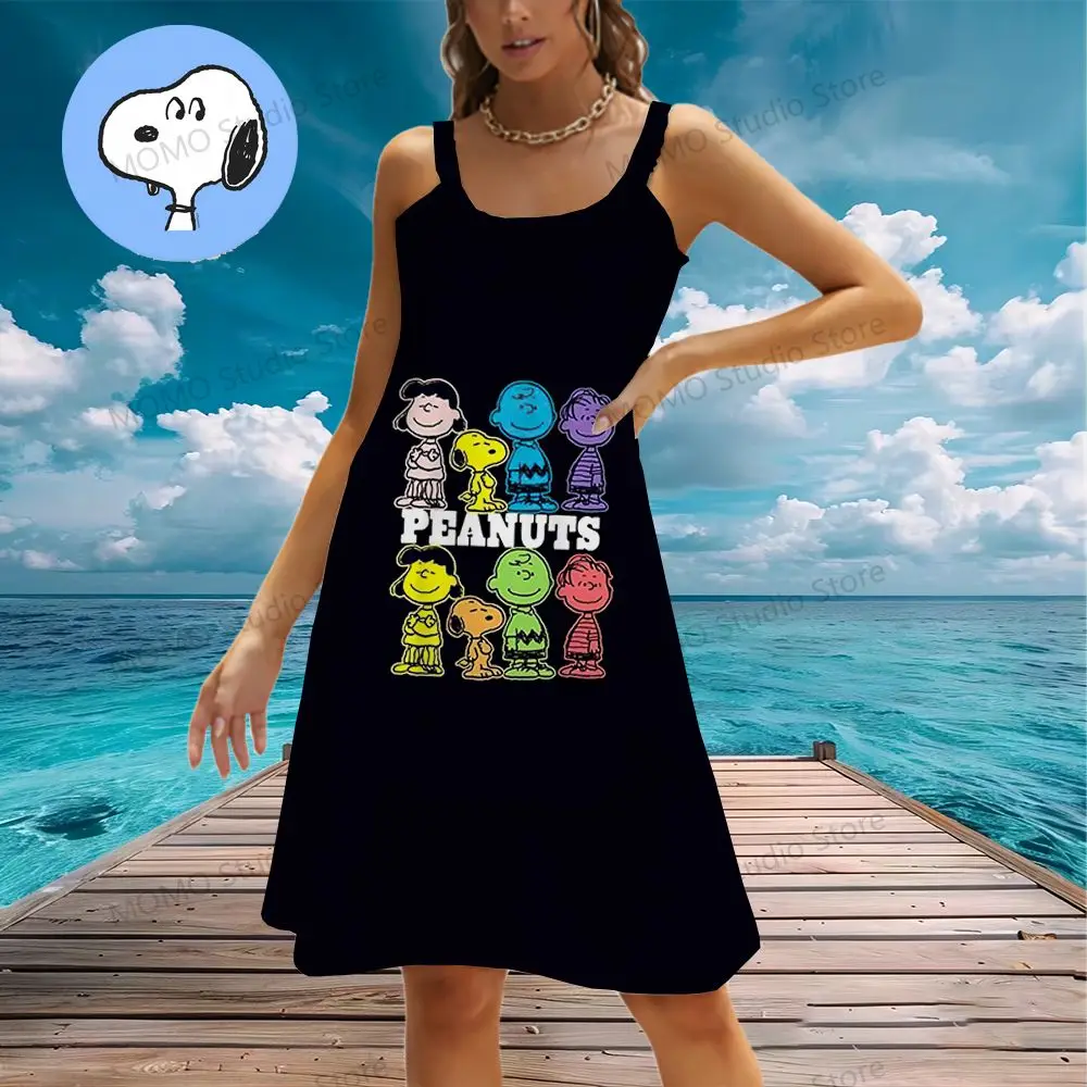 Kawaii Snoopy Women's Beach Dresses O Neck Sling Y2k Summer Boho New Dress S-3XL 2024 Fashion Elegant Sexy Young Girls