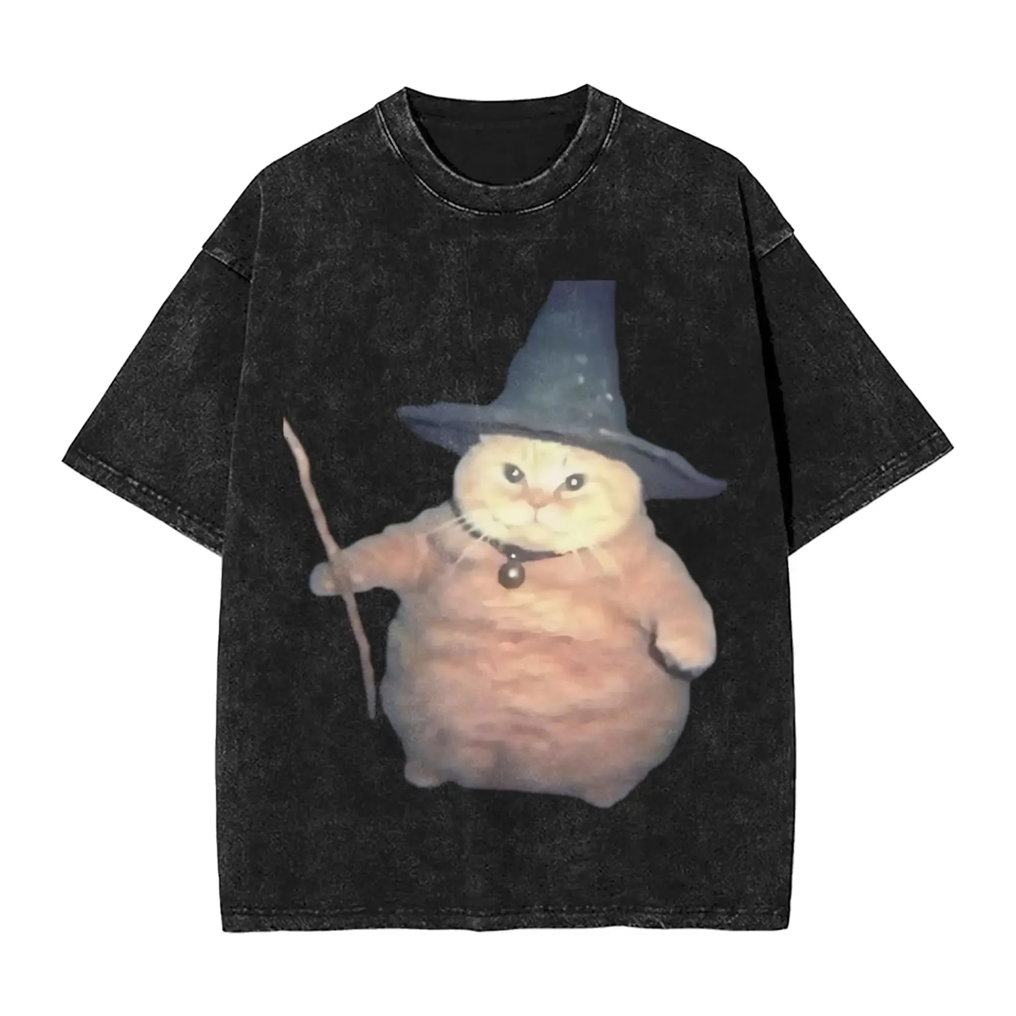 Vintage Washed Wizard Cat Meme T-Shirt Lustiges Retro-Grafik-T-Shirt Übergroßes Streetwear Harajuku Y2K Top für Männer Frauen Sommer T-Shirt – Detail 1