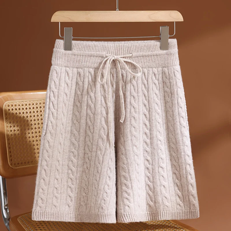 

Women‘s Wool Shorts Elastic Waist Twist Straight Short Pants Lace-up 100% Merino Wool Knitted Spring Autumn Winter Fit Shorts