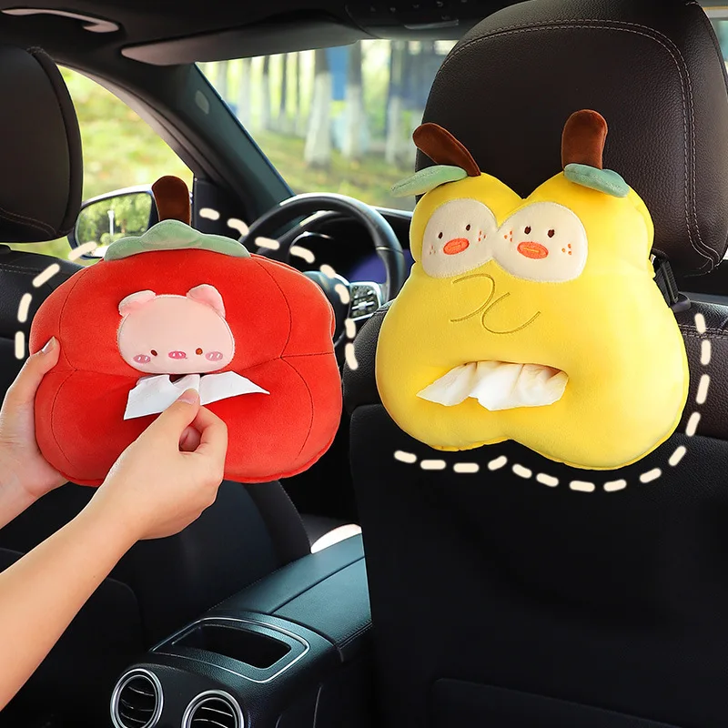 Cartoon Car Tissue Box Holder Cute Short Plush Pear Auto Seat Back Bracket Auto Armrest Box Paper Nakpin Storage Bag Decorations