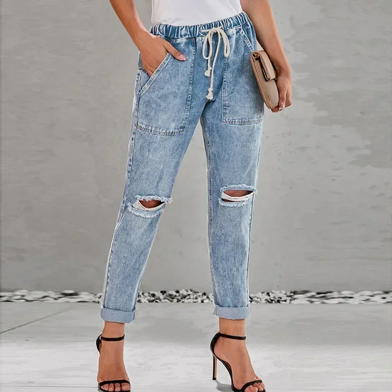 New 2022 Summer Sexy temperament European and American denim straight leg pants with elastic oversized women\'s jeans ripped