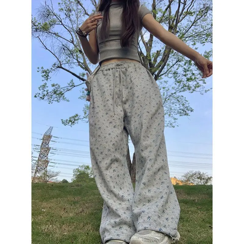 فضفاض السراويل واسعة الساق المرأة عارضة عالية الخصر مستقيم الأمريكية Sle الأزهار طباعة مريحة الخريف الشتاء وصول جديد #3