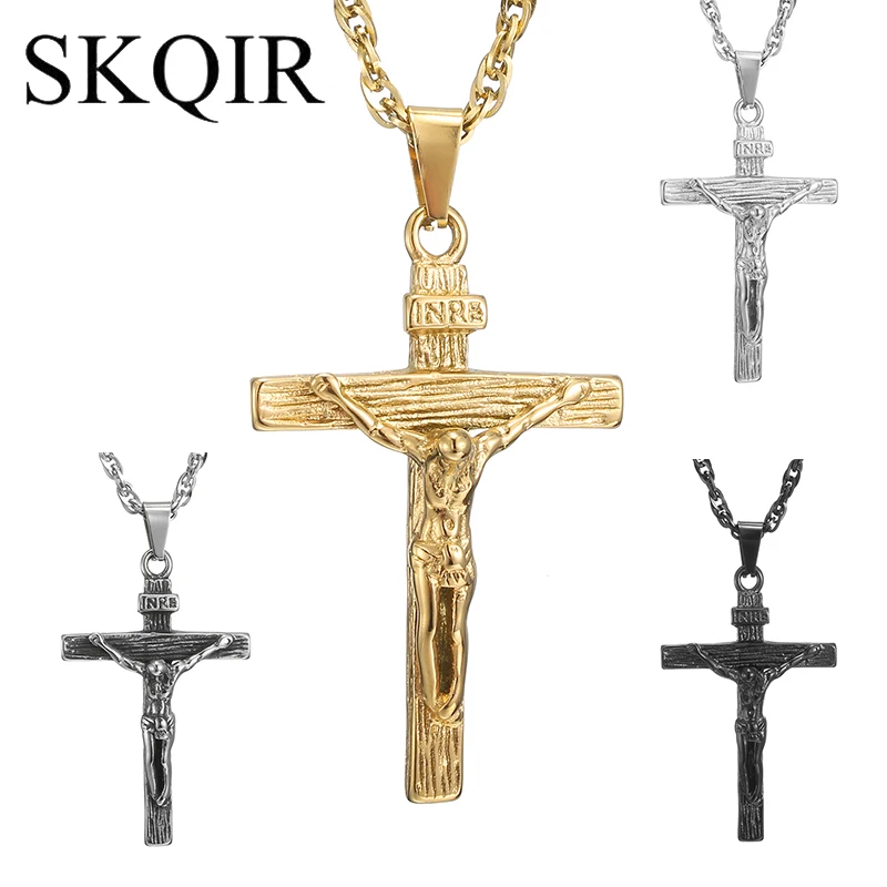 SKQIR Jesus Crucified Cross Necklaces Men Pendant Stainless Steel Chain Choker for Women Christian Classic Jewelry Christ Gifts