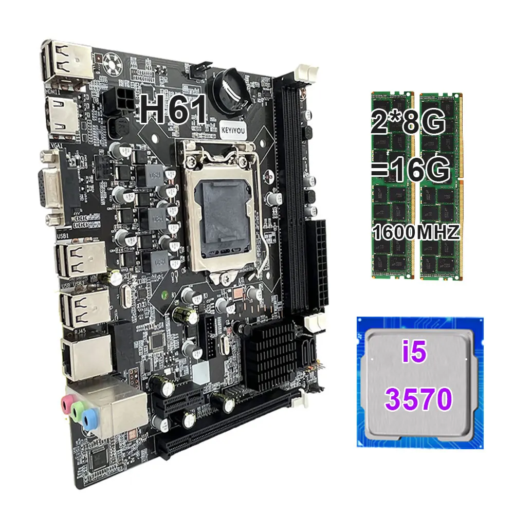 KEYIYOU-H61 LGA 1155 Kit de Placa Mãe, CPU i5 3570, DDR3, 8x2Pcs = 16GB, Memória PC, VGA, HDMI