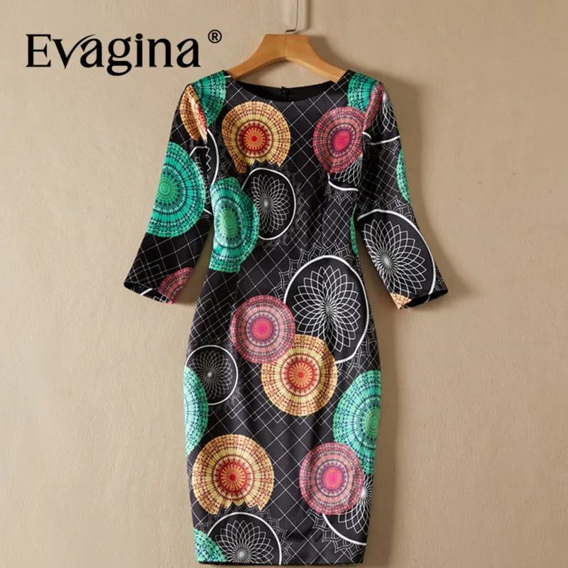 

Evagina Spring Summer Women's Dress Three Quarter Sleeve Geometric Print Commuter Black Office Lady Dresses