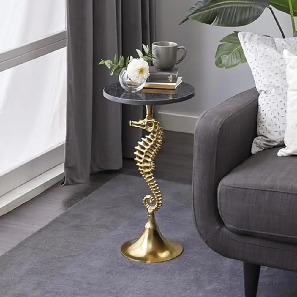 Aluminum Gold Coastal Side Table Seahorse Base Round Tray Marble Top Sophisticated Home Decor