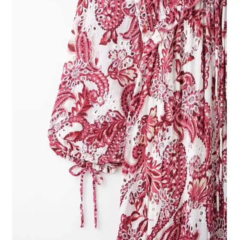 

MUJER Boho Print Embroidery Long Dr Women's H-Line CleanFit Tee-Quarter Sve Linen Blend Winter Faion Ladies Dr