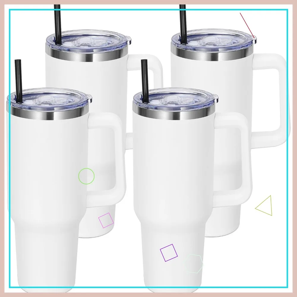 

Набор из 4-х белых термокружек из нержавеющей стали на 40 унций с ручкой, крышкой и соломинкой – многоразовые вакуумные термосы для кофе в дорогу