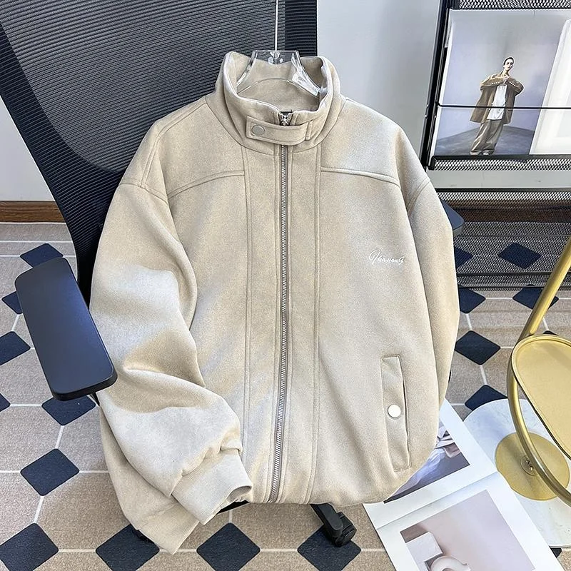 

Мужская замшевая куртка в американском ретро-стиле, свободного кроя, с воротником на молнии, повседневная универсальная верхняя одежда для подростков на осень