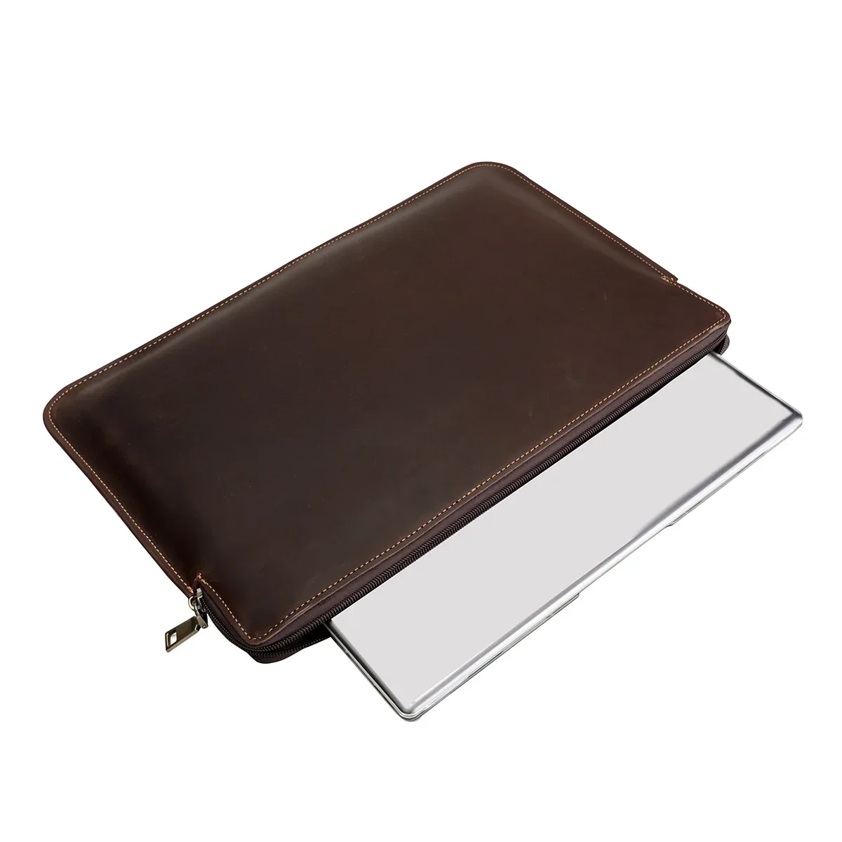 Vintage Full Grain Cowhide Zipper Portfolio Clutch Bag, Handheld Leather Document Holder for Laptop Tablet Office Paper