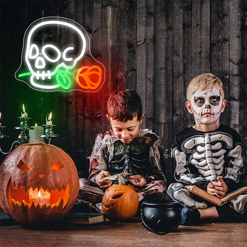 

Skeleton Skull Flower Neon Sign for Wall Decor Skull LED Neon Light for Bar Party Man Cave Halloween Decor Birthday Gifts ﻿