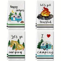 2pcs, Hand Towels, Camping Theme Kitchen Towels, Decorative Happy Campers Camping Tent Pine Tree Pattern Scouring Pad, Farmhouse