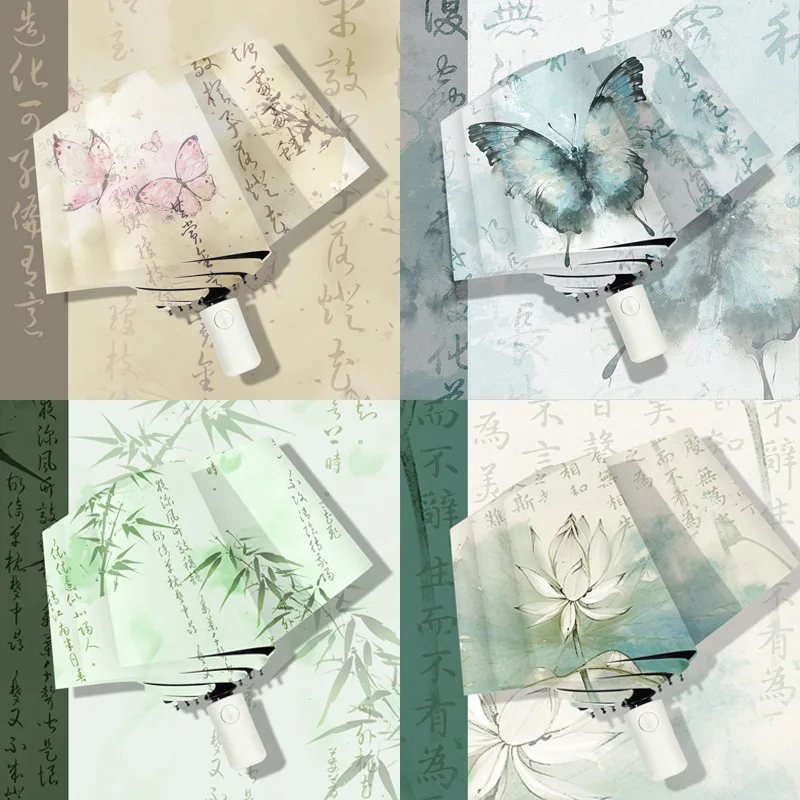 

Автоматический складной зонт с защитой от ультрафиолета, китайский стиль, черный клей, зонтик от солнца, навес от дождя и солнца двойного назначения для ежедневного использования на открытом воздухе