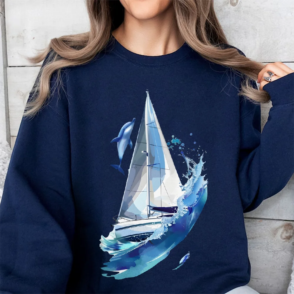 Nautical Elementsoversized Women's Y2k Hoodie Hand Painted Korean Style Graphic Sweatshirt Cozy Fleece Warm Fall Winter 2025