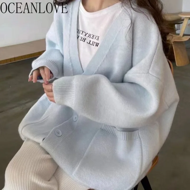 

OCEANLOVE Cardigans Solid Thick Warm Solid Autumn Winter Korean Fashion Woman Sweaters Loose Sweet V Neck Sueter Mujer