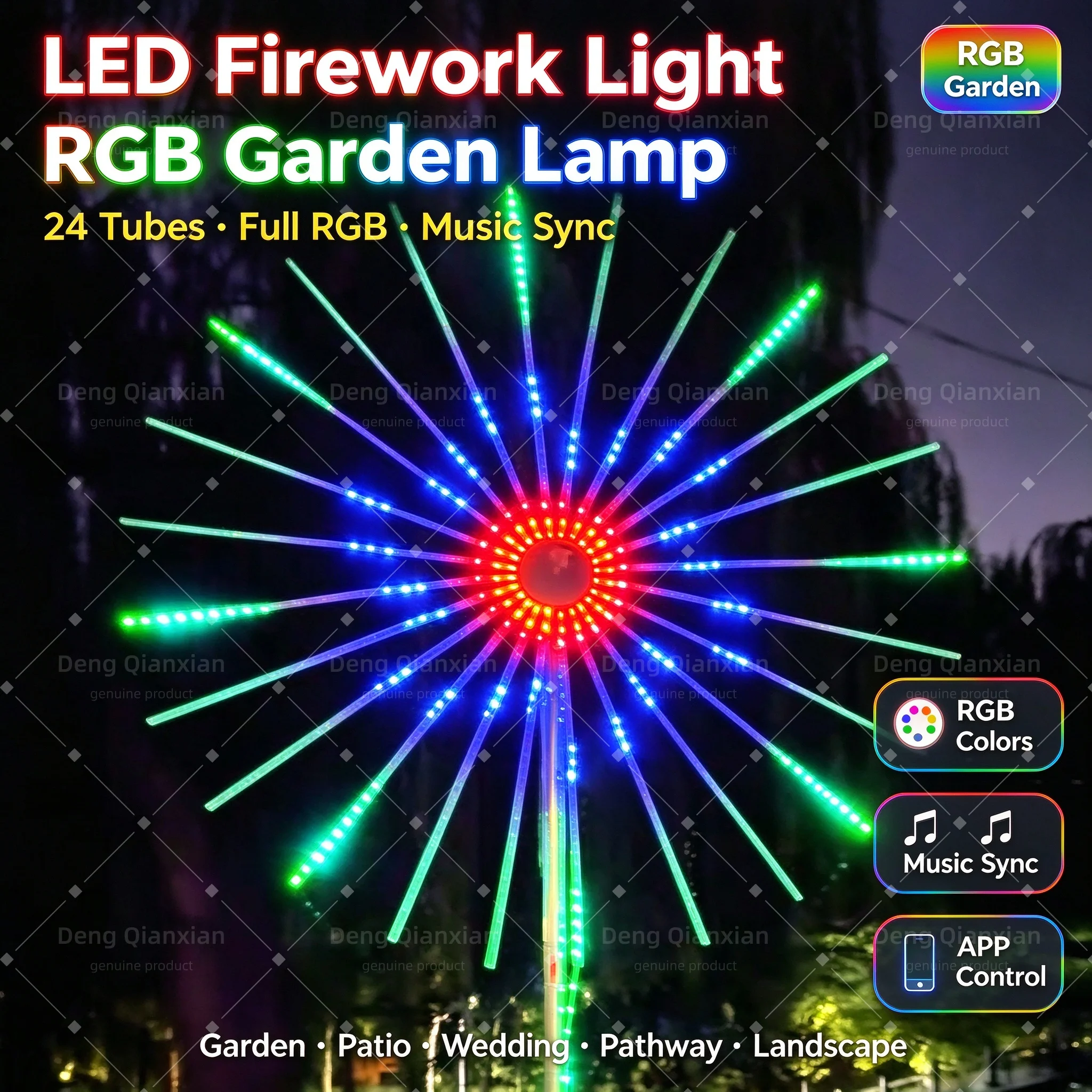 Firework Lights with Smooth Fade Mode, Sound Activated RGB, Waterproof, Dual Speakers, APP Bluetooth, Garden