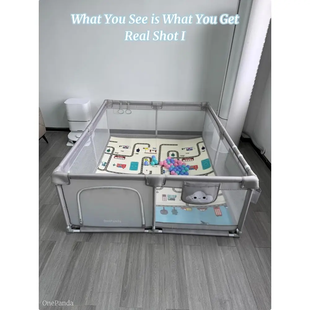 Przestronny kojec dla niemowląt z wyściełanymi krawędziami, 71x59, piłeczki do basenu, bramka, schowek i centrum aktywności w kolorze jasnoszarym