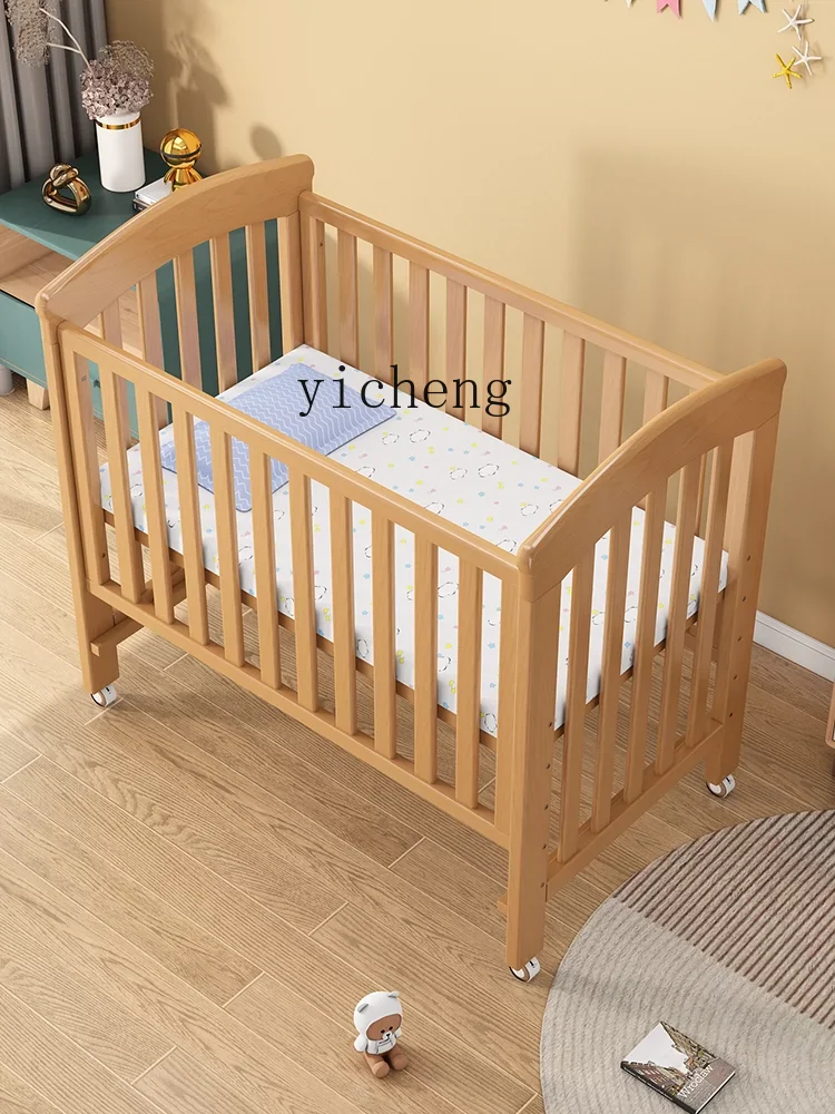 Tqh Children's Stitching Widened Babies' Bed Beech Stitching Bed with Fence Double-Layer Mobile Cradle Crib