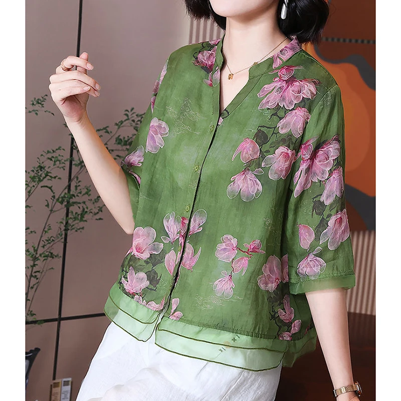 

Elegant V-Neck Spliced All-match Printed Shirts Women Clothing 2025 Summer New Loose Casual Tops Commuter Blouses