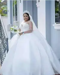 Customized Elegant Satin Sweetheart Wedding Dress Beading Big Bridal Gown Long Sleeve Wedding Gown