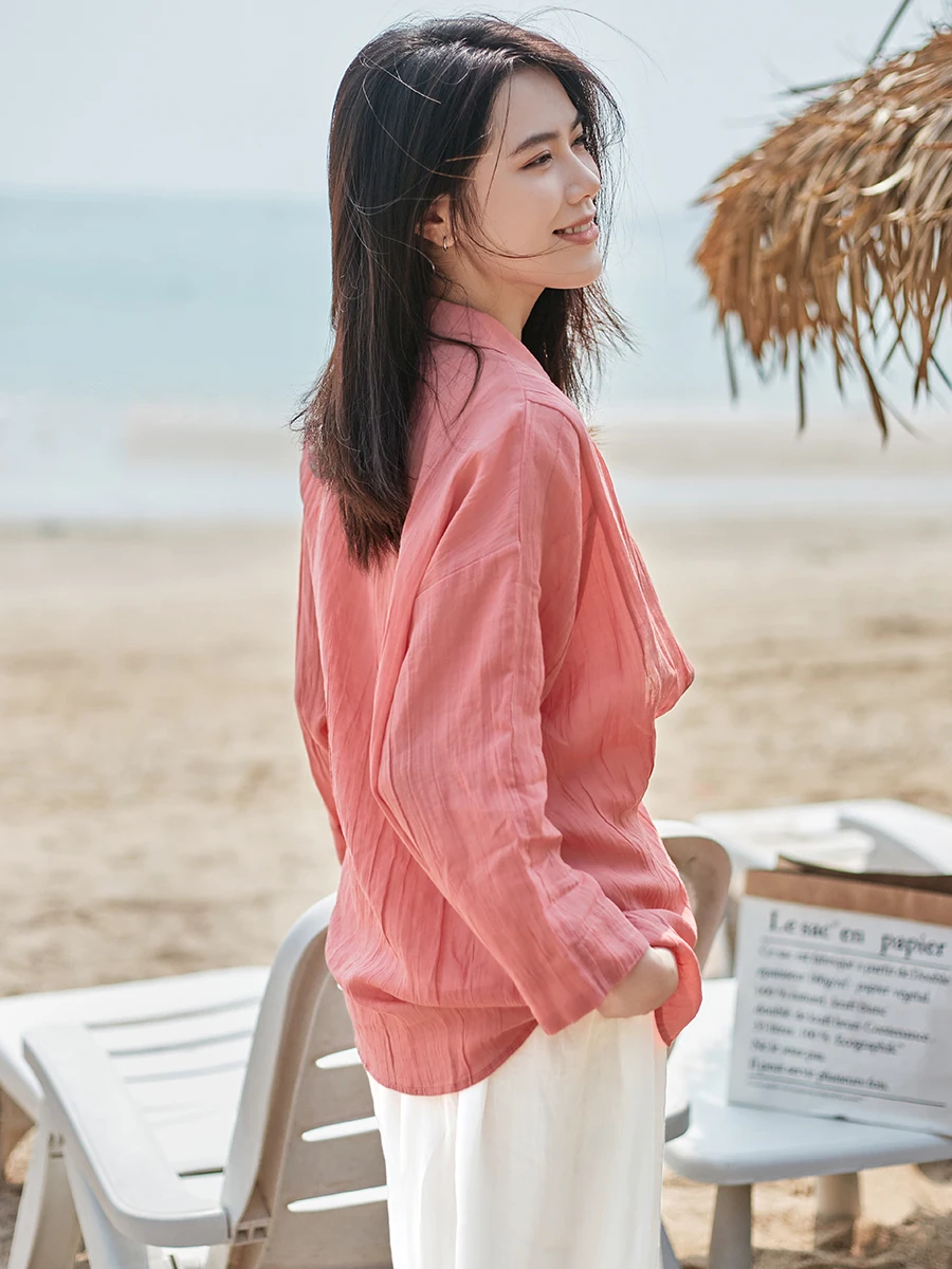 

Spring Summer Autumn New Sle Women's Casual irt Twist Hemp Folded Simple Match All Sunscreen Long Sve Artistic irt