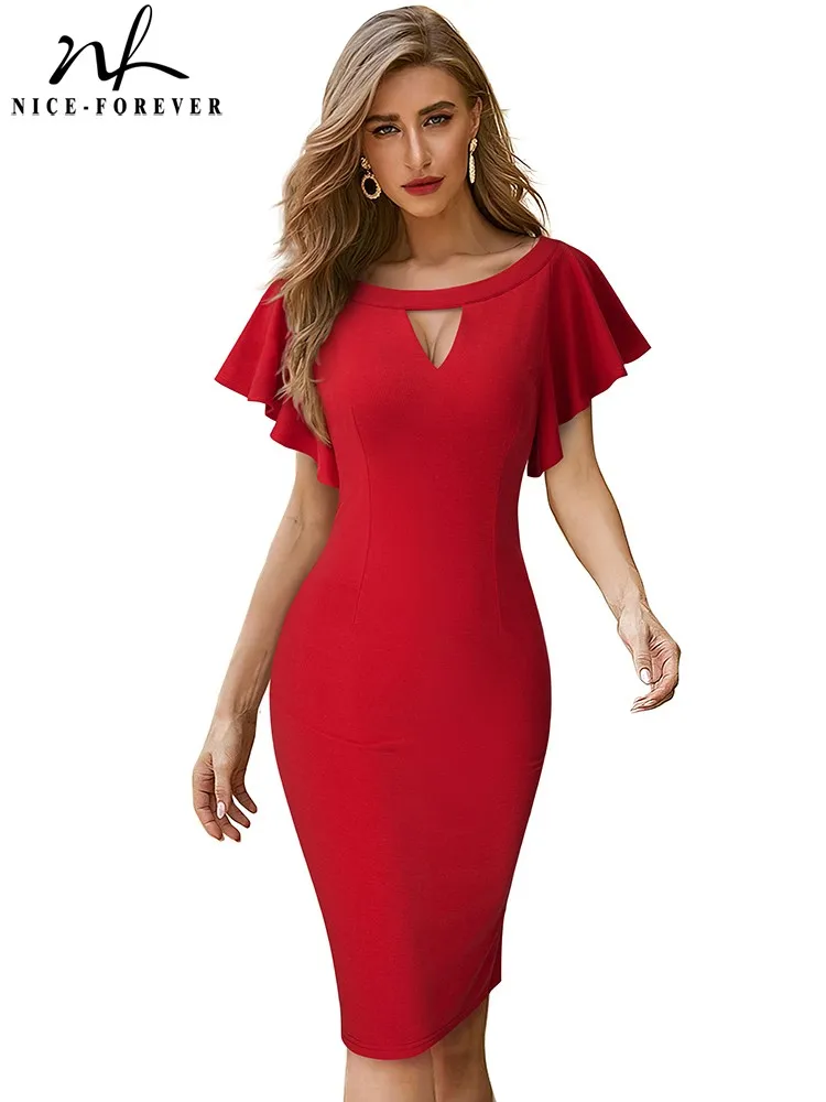 Nice-Forever Zomer Vrouwen Effen Kleur Elegant Hollow Out Jurken Cocktail Wedding Party Bodycon Slanke Jurk B673