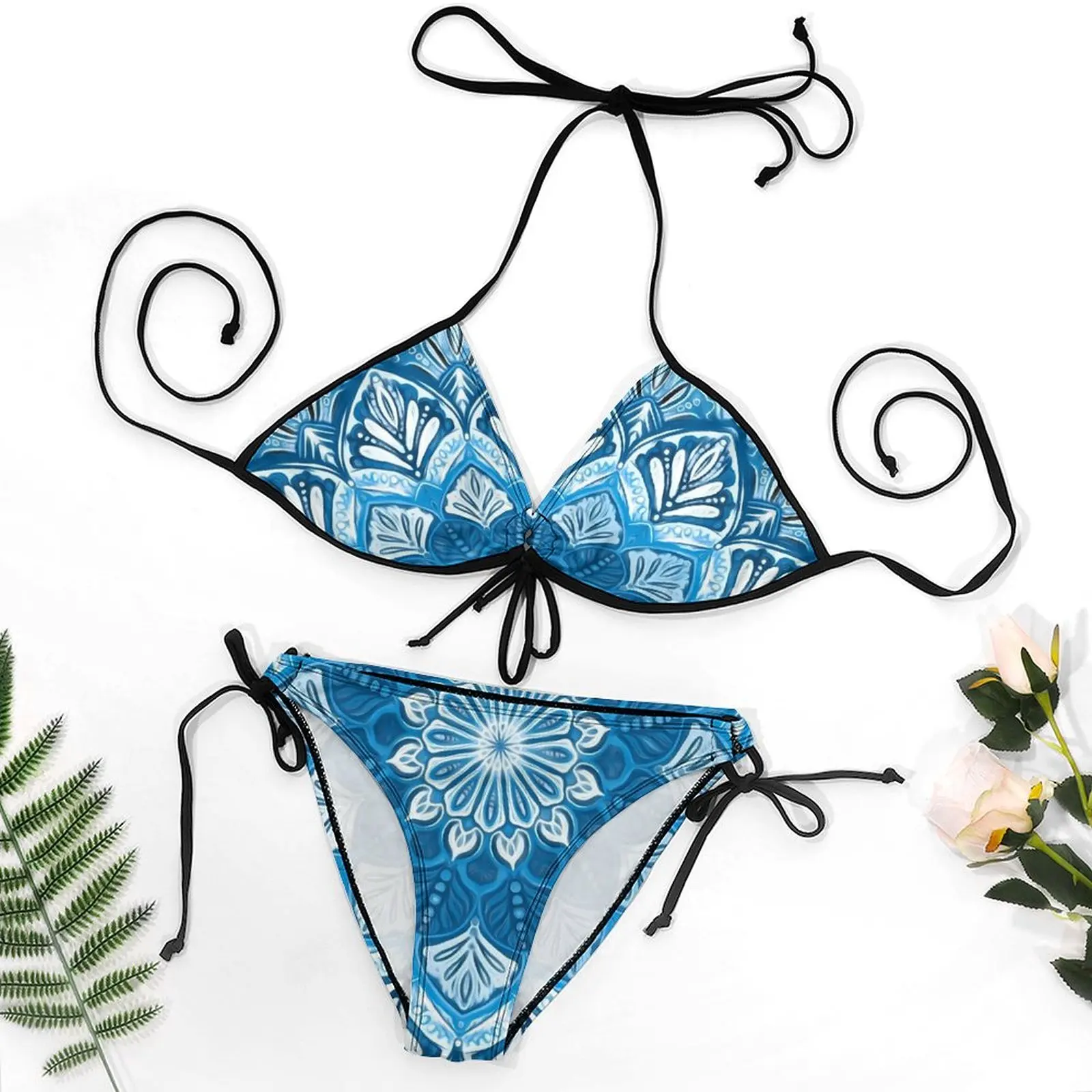 Vintage Boho Blumen Bikini Badeanzug blau Mandala Bade bekleidung sexy Push-up benutzer definierte Bikini-Set weibliche Surfen High Cut Strand Outfits