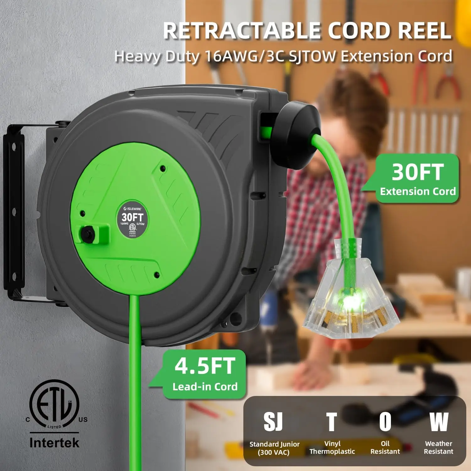 30FT Retractable Extension Cord Reel, 16AWG/3C SJTOW Heavy Duty Power with Lighted Triple Outlets, 10A Circuit Breaker