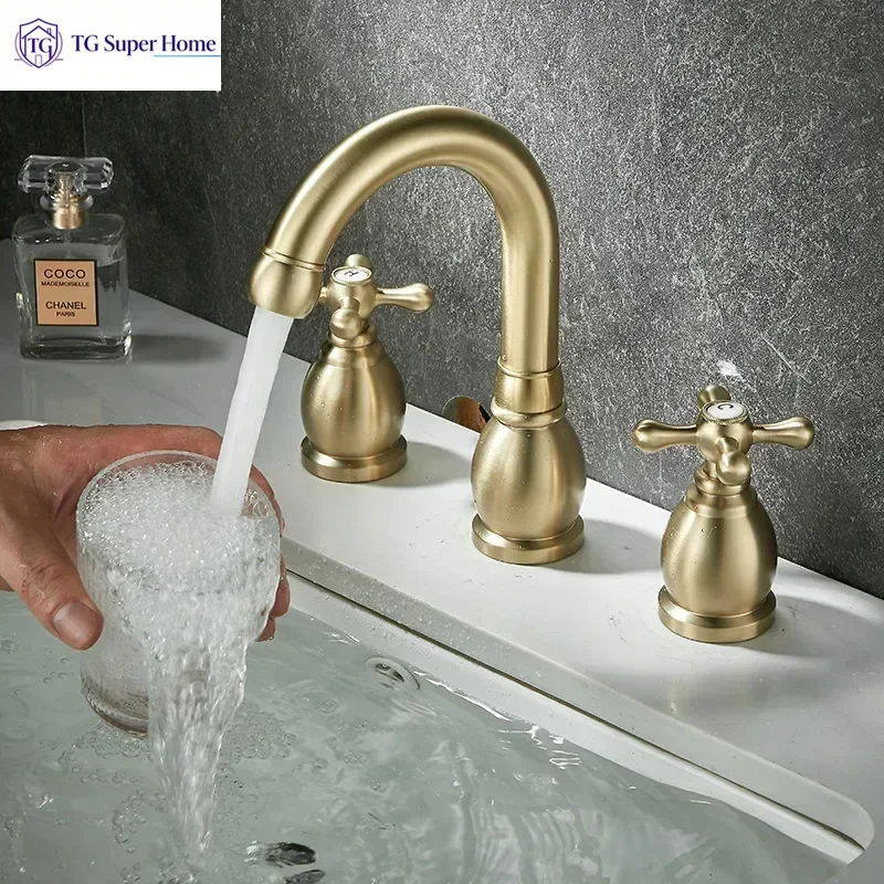 European Brushed Gold 3 Hole Bathroom Faucet, Full Copper Double Handle Split Basin Mixer Tap, Hot Cold Water Wash Basin Faucet