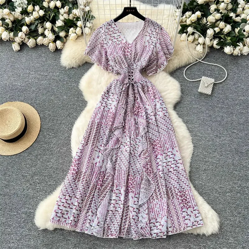 여성 쉬폰 플로럴 롱 드레스 한국 스타일 V넥 반팔 A라인 파티 드레스 여름 보헤미안 프린트 비치 원피스