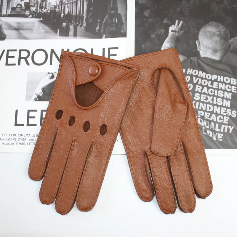 Men\'s Deerskin Thin Single Skinless Fashion New Locomotive Spring And Summer Autumn Driving Full Finger Genuine Leather Gloves