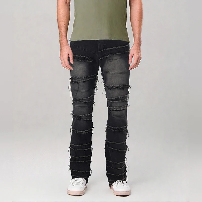 Yeni Moda Erkek Denim Pull-On Kot Katmanlı Ham Trim Cepler Düz Bacak Tam Boy Eğlence Pantolon Sıcak Satış S-XL